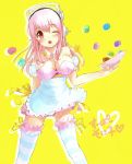  bad_id breasts cleavage headphones long_hair macaron maid nitroplus pink_eyes pink_hair solo striped striped_legwear super_sonico tanaka_(colorcorn) thigh-highs thighhighs wink yellow_background 