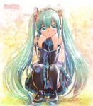  bow detached_sleeves hair_bow hatsune_miku headphones kneeling mayo_riyo solo thigh-highs thighhighs traditional_media twintails vocaloid 