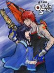 1girl blue_eyes blue_hair couple gene_starwind gloves gun height_difference looking_at_viewer melfina outlaw_star red_hair redhead scar smile space_craft tattoo title_drop weapon 