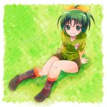  ara_(sora-ageha) boots english_flag green_eyes green_hair hair_ribbon looking_up midorikawa_nao ponytail precure ribbon shorts sitting smile smile_precure! solo 
