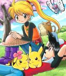  1boy 1girl black_hair blonde_hair blush boots butterfree chuchu_(pokemon) couple denim green_eyes hat jeans love lying pika_(pokemon) pikachu pokemoa pokemon pokemon_(creature) pokemon_special ponytail raticate red_(pokemon) red_eyes sitting smile spoilers straw_hat sweater tree yellow_(pokemon) 