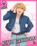  bad_id blonde_hair blue_eyes blue_jacket bomber_jacket card_(medium) character_name cinderella_girls_card_parody eckzahn flower idolmaster idolmaster_cinderella_girls jacket keith_goodman male parody salute short_hair solo star tiger_&amp;_bunny 