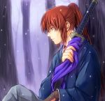  blue_eyes forest hibiki_(bagawa) himura_kenshin japanese_clothes male nature ponytail profile red_hair redhead rurouni_kenshin scar snow solo sword weapon 