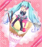  character_name cherry closed_eyes detached_sleeves eyes_closed food fruit hands_on_own_face hatsune_miku headphones ice_cream ice_cream_cone in_food long_hair minigirl necktie sitting skirt sparkle spoon thigh-highs thighhighs twintails very_long_hair vocaloid 