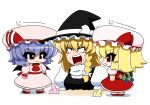  &gt;:) &gt;:3 :3 ascot bat_wings blonde_hair blue_hair bow braid buried chibi constricted_pupils flandre_scarlet hair_bow hat hat_bow kirisame_marisa multiple_girls open_mouth red_eyes remilia_scarlet sand screaming short_hair shovel side_ponytail single_braid stare touhou wide-eyed wide_eyed wings witch witch_hat worktool wrist_cuffs yamato_damashi 