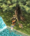  1girl barefoot blonde_hair china_dress chuchu_(pokemon) clothed_pokemon cosplay drawing feet_in_water grass hat hat_removed headwear_removed highres holding jeans kinomukumama long_hair long_sleeves pants_rolled_up pikachu pokemon pokemon_(creature) pokemon_special ponytail river smile soaking_feet straw_hat tree water yellow_(pokemon) yellow_(pokemon)_(cosplay) yellow_eyes 