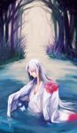  butterfly crescent_moon facial_mark forehead_mark forest guruuu highres inuyasha japanese_clothes kimono long_hair male moon nature pointy_ears river sesshoumaru solo tree water white_hair wide_sleeves yukata 