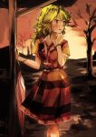  alternate_costume arm_up ascot belt blonde_hair blush dress geppewi hand_to_chin jewelry kazami_yuuka open_mouth parasol red_dress red_eyes red_sky ring sinker_(pixiv) sky solo striped striped_dress touhou tree umbrella watch wristwatch 