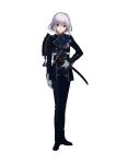  1boy artist_request double-breasted full_body gloves highres honebami_toushirou male_focus military military_uniform necktie official_art sheath sheathed shoes short_hair simple_background sode solo standing touken_ranbu transparent_background uniform violet_eyes wakizashi 