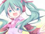  :d aqua_eyes detached_sleeves green_hair hair_ribbon hatsune_miku headset long_hair necktie open_mouth ribbon smile solo twintails vocaloid 
