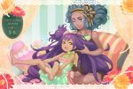  age_difference aloe_(pokemon) barefoot big_hair blue_eyes blue_hair brush comb dark_skin feet flower hair_brush iris_(pokemon) long_hair multiple_girls open_mouth pillow pokemon pokemon_(game) pokemon_bw purple_hair shinobiya_fsaka short_hair size_difference smile soles toes very_long_hair wink yellow_eyes 