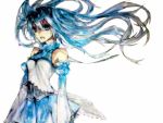  aqua_hair bad_id bare_shoulders detached_sleeves floating_hair hatsune_miku inugami_shima long_hair open_mouth paint_(medium) simple_background vocaloid white_background 