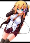  black_legwear blonde_hair blue_eyes bow breasts fang hair_bow headphones impossible_clothes impossible_shirt jacket large_breasts letterboxed looking_at_viewer necktie open_mouth original shorts simple_background solo syroh thigh-highs thighhighs twintails white_background 