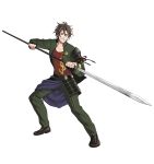  1boy black_gloves brown_eyes brown_hair fingerless_gloves gloves grin jacket kusazuri male_focus minato_(robin) official_art open_clothes open_jacket otegine pants shoes short_hair simple_background smile sode touken_ranbu transparent_background weapon yari 