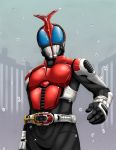  1boy armor belt blue_eyes compound_eyes helmet horn kamen_rider kamen_rider_kabuto kamen_rider_kabuto_(series) male rain solo 