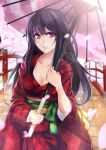  black_hair breasts bridge cherry_blossoms cleavage holding japanese_clothes kimono lens_flare long_hair looking_at_viewer makita_(twosidegekilove) obi oriental_umbrella original parted_lips petals pink_eyes solo twosidegekilove umbrella 