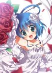  armpits bare_shoulders blue_eyes blue_hair blush bouquet dress elbow_gloves face flower foreshortening gloves hair_flower hair_ornament hair_rings hair_stick kaku_seiga open_mouth petals red_rose rose shawl short_hair smile solo takashiru touhou wedding_dress white_gloves 