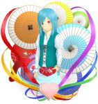  1girl alternate_hair_length alternate_hairstyle bad_id blue_hair blurry blush colorful depth_of_field gift heart heart-shaped_pupils heart_eyes heterochromia incoming_gift karakasa karakasa_obake kitano_(kitanosnowwhite) oriental_umbrella perspective ribbon skirt smile solo symbol-shaped_pupils tatara_kogasa tongue tongue_out touhou umbrella valentine vest 