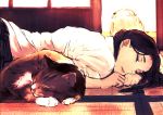  black_hair cat closed_eyes eyes_closed long_hair lying open_mouth original shirt sleeping solo tatami white_shirt yukiguni_(mizake) 