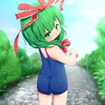  ass child cloud from_behind front_ponytail green_eyes green_hair hair_ribbon kagiyama_hina long_hair looking_back nature one-piece_swimsuit ribbon river school_swimsuit sky solo swimsuit touhou waribaship water 