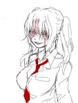  1girl between_breasts breasts injury kaibutsu necktie red_eyes sketch solo tegaki twintails white_hair 