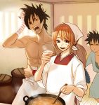  apron bandage bandages biafura cooking himura_kenshin japanese_clothes male multiple_boys myoujin_yahiko rurouni_kenshin sagara_sanosuke scar sleepy stew tears 