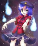  1girl blouse blue_eyes blue_hair chinese_clothes fang fingernails gradient gradient_background hat hitodama looking_at_viewer mitsucho miyako_yoshika ofuda open_mouth outstretched_arms petals ribbon short_hair skirt solo star touhou zombie_pose 