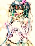  aqua_eyes aqua_hair bad_id bare_shoulders detached_sleeves flower hair_flower hair_ornament hatsune_miku inugami_shima long_hair paint_(medium) smile solo vocaloid 