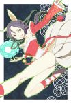  ahri animal_ears bare_shoulders black_hair braid breasts cleavage detached_sleeves fox_ears fox_tail green_eyes league_of_legends legs multiple_tails sansyokutansi solo tail 