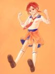  clenched_hands fist grin hair_ornament hairclip hino_akane kneehighs kotaro-nosuke loafers necktie orange_(color) orange_background precure red_eyes red_hair redhead school_uniform shirt_around_waist shoes short_hair skirt sleeves_rolled_up smile smile_precure! solo sweater_around_waist 