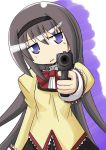  aiming_at_viewer akemi_homura black_hair bow gun hairband highres long_hair mahou_shoujo_madoka_magica naruse_mahi pistol pov_aiming purple_eyes school_uniform solo violet_eyes weapon 