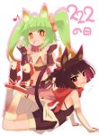  2girls animal_ears arm_support bare_shoulders bike_shorts black_hair brown_eyes cat_ears cat_tail fang fingerless_gloves gloves kawagoe_pochi long_hair looking_at_viewer looking_back lying multiple_girls on_stomach open_mouth red_eyes shironeko_project short_hair sketch smile tail thigh-highs twintails 