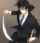  black_eyes black_hair formal glasses ishikawa_goemon_xiii katana long_hair lupin_iii male necktie suit sword toujou_sakana weapon 
