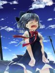  blue_dress blue_hair blue_sky bow cirno cloud dress hair_bow highres maki_(natoriumu) open_mouth power_lines runny_nose shirt short_hair sky solo tears touhou wind wings 