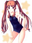  ano_natsu_de_matteru bare_shoulders blush brown_eyes brown_hair flat_chest hand_on_hip leaning_forward long_hair looking_at_viewer neuron_(exceed) one-piece_swimsuit school_swimsuit solo swimsuit twintails yamano_remon 