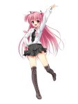  alternate_costume angel_beats! arm_up asa_no_ha boots choker cross-laced_footwear dress_shirt fang hair_ornament long_hair necktie pink_eyes pink_hair shirt short_twintails skirt smile solo thigh-highs thigh_boots thighhighs twintails two_side_up yui_(angel_beats!) 