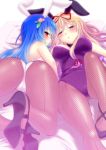  ass blonde_hair blue_hair blush breasts bunny_girl bunnysuit fishnet_pantyhose fishnets hair_ornament hair_ribbon high_heels hinanawi_tenshi large_breasts long_hair looking_back multiple_girls pantyhose purple_eyes red_eyes ribbon saki_chisuzu shoes touhou violet_eyes yakumo_yukari 