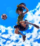 :o arm_up ball blue_background blush bow cloud green_eyes green_hair hair_bow highres kneehighs lens_flare midorikawa_nao mosa_aspio ponytail precure school_uniform shoes short_hair skirt skirt_lift sky sleeves_rolled_up smile_precure! sneakers soccer_ball solo sweater_vest wind_lift 