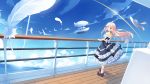  1girl ahoge ame_no_uta blonde_hair blue_eyes dress feathers gloves hair_between_eyes hat highres ia_(vocaloid) long_hair looking_at_viewer mary_janes outdoors parted_lips platform_footwear railing shoes sky socks solo standing sun_hat very_long_hair vocaloid wallpaper water white_gloves white_legwear 