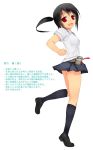  amano_tsubaki black_hair kneehighs long_hair looking_back onibi_(foxhound4185) original ponytail red_eyes school_uniform skirt solo standing_on_one_leg tiptoes translation_request 