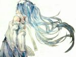  aqua_hair bad_id bare_shoulders detached_sleeves floating_hair hatsune_miku inugami_shima long_hair paint_(medium) simple_background solo twintails very_long_hair vocaloid white_background 