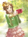  baggy_clothes brown_eyes brown_hair camera dani-ikapi hair_ornament idolmaster idolmaster_cinderella_girls open_mouth outstretched_arms skirt smile solo takamori_aiko 
