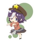  blue_eyes blue_hair chibi fang hair_ornament hat highres kagetsu_hana looking_at_viewer miyako_yoshika ofuda open_mouth outstretched_arms short_hair simple_background skirt smile solo touhou white_background wide_sleeves zombie_pose 