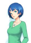  adult ano_natsu_de_matteru aqua_eyes blue_hair jewelry kick-to-rip looking_at_viewer necklace short_hair simple_background solo tanigawa_kanna v-neck white_background 