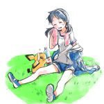  1girl blue_hair blush genderswap gold_(pokemon) pichu poke_ball pokemon pokemon_(creature) pokemon_(game) pokemon_gsc pokemon_hgss tribute 