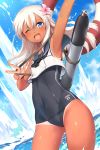  1girl ;d absurdres highres kantai_collection long_hair one-piece_tan one_eye_closed open_mouth ro-500_(kantai_collection) school_swimsuit smile solo swimsuit tan tanline u-511_(kantai_collection) 