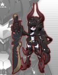  android black_gold_saw black_rock_shooter claws crossover highres horns mecha mechanization medarots outline red_eyes robot_joints solo sword tonamikanji_gx weapon zoom_layer 