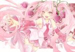  boots cherry detached_sleeves food fruit hair_ornament hair_ribbon hairclip hatsune_miku headset long_hair necktie open_mouth outstretched_arms pink_eyes pink_hair ribbon sakura_miku skirt solo spread_arms thigh-highs thigh_boots thighhighs twintails uruhara_ryuuku very_long_hair vocaloid 