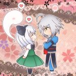  1girl ahoge blush bow bowtie chibi closed_eyes dual_persona eyes_closed ghost glasses grey_hair happy heart height_difference hitodama ko_torii konpaku_youmu konpaku_youmu_(ghost) morichika_rinnosuke ribbon short_hair silver_hair smile spoken_blush spoken_heart touhou white_hair 