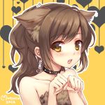  animal_ears bare_shoulders blush brown_hair bust choker dated earrings heart jewelry lowres momoko_(momopoco) open_mouth original paw_pose ponytail short_hair signature solo yellow_background yellow_eyes 